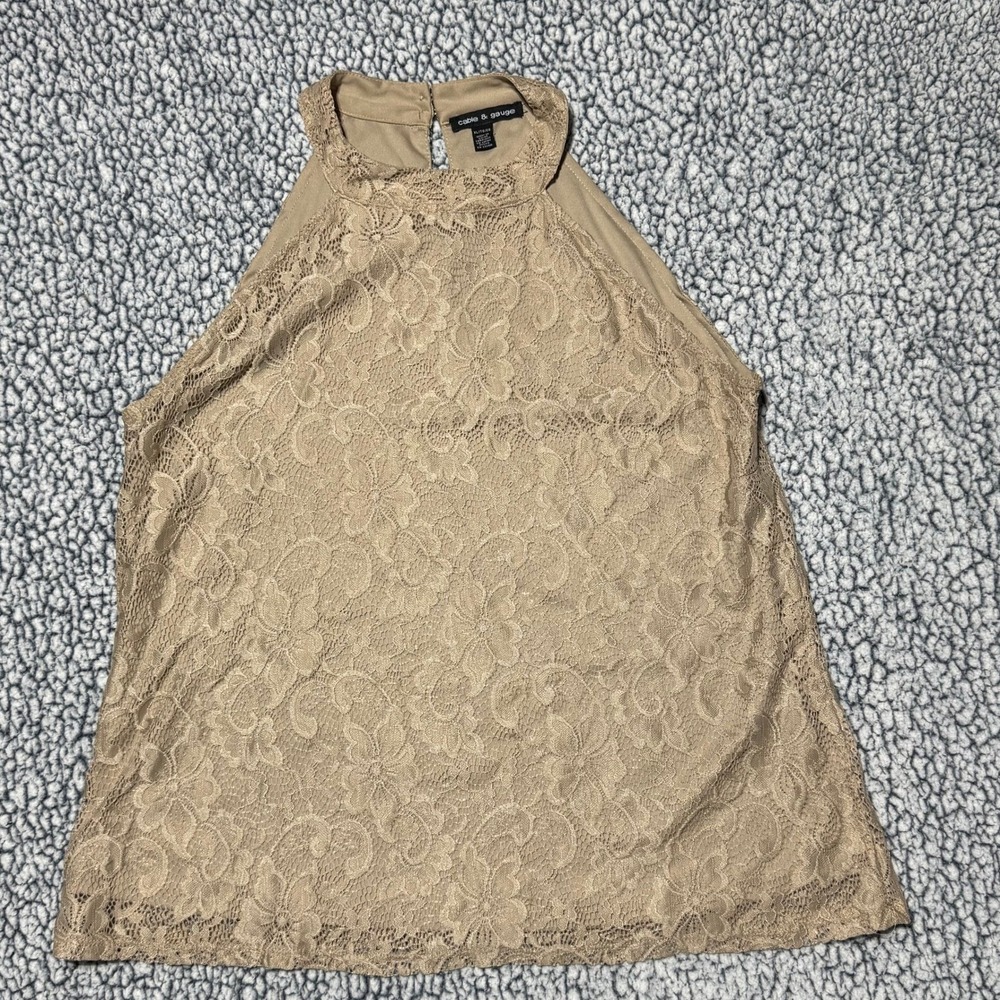 Cable & Gauge Women Tan Beige Floral Lace Halter Top High Neck Keyhole Blouse XL